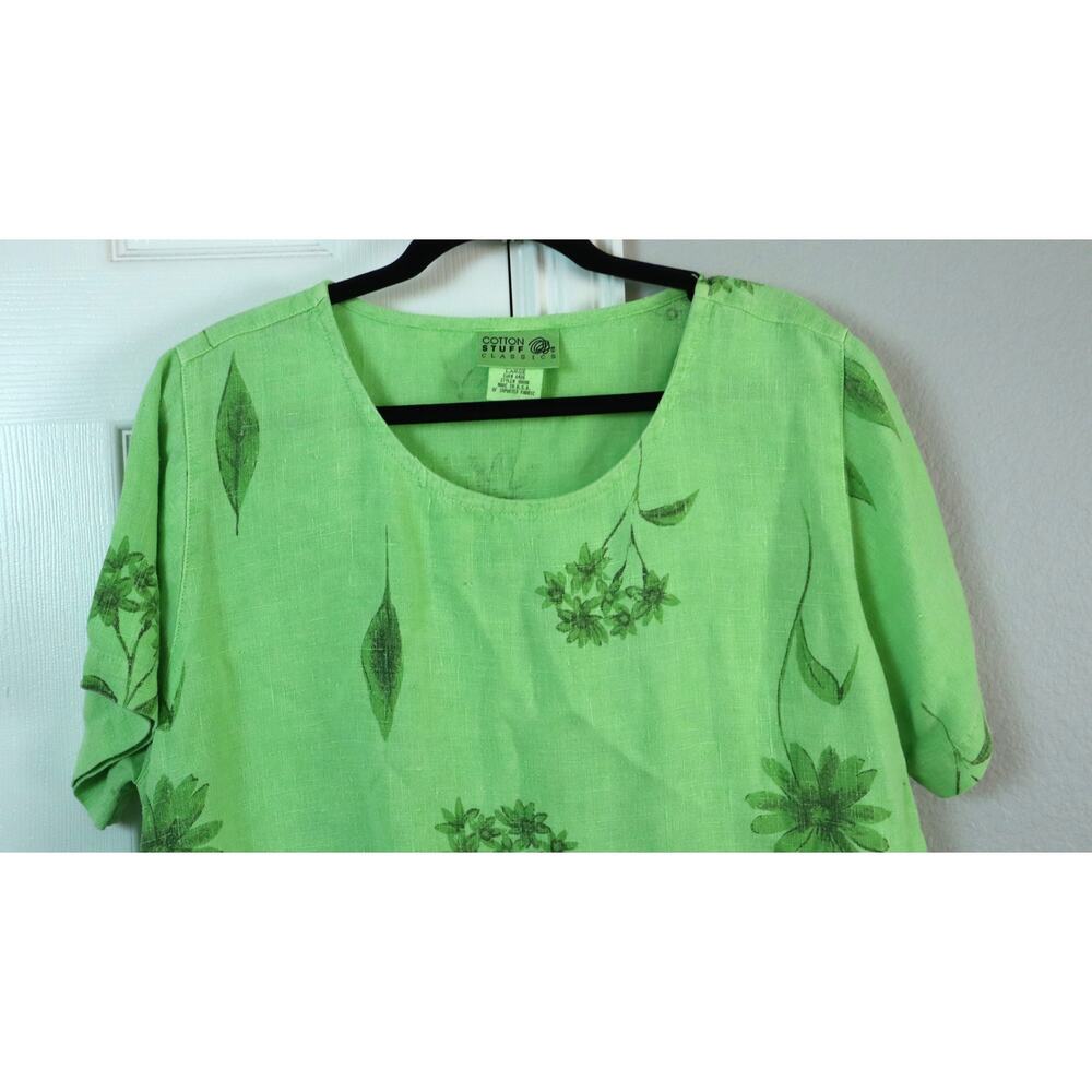 Vintage 90s Green LINEN Casual Dress Floral Cotton Stuff Classics Large USA - Picture 3 of 8